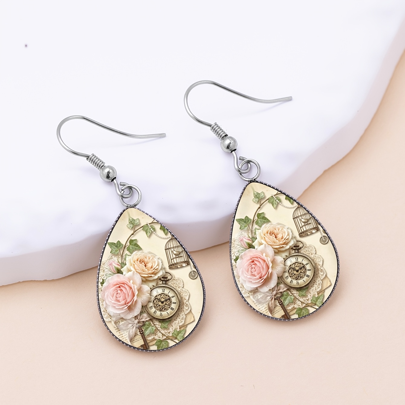 Rose-themed Pocket Watch Cage Pattern Drop Earrings, Romantic Style